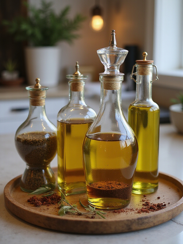 Elegant dispensers for oils and spices arranged on a kitchen countertop