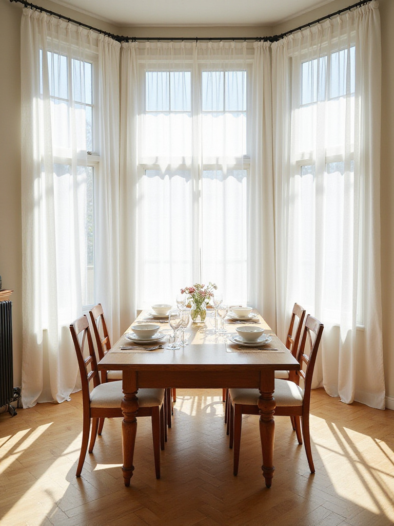 Bright dining room with sheer curtains enhancing natural light