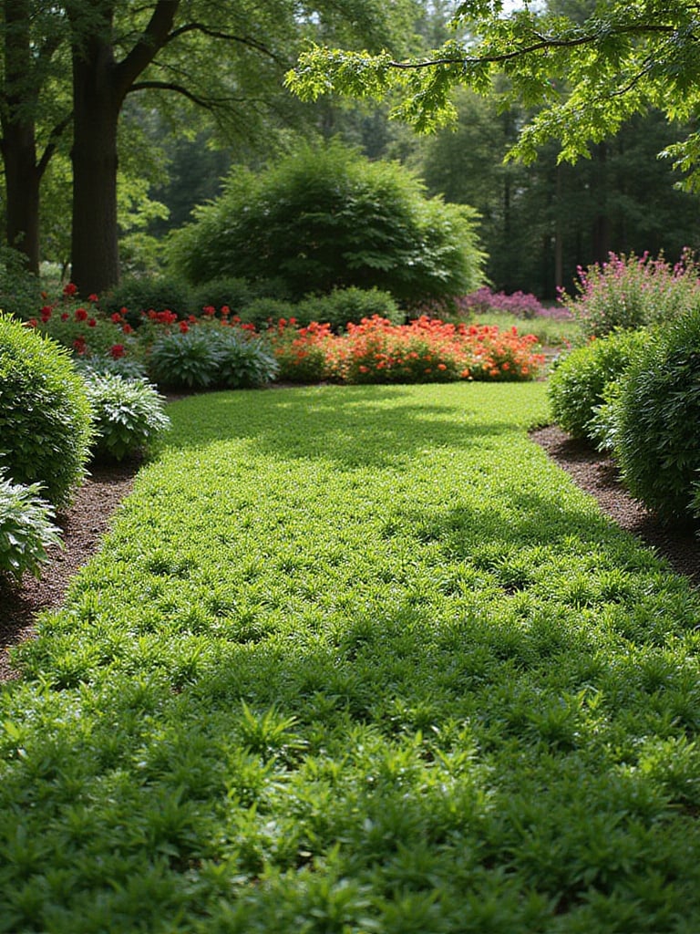 Lush garden with low-maintenance groundcovers in vibrant colors and textures.