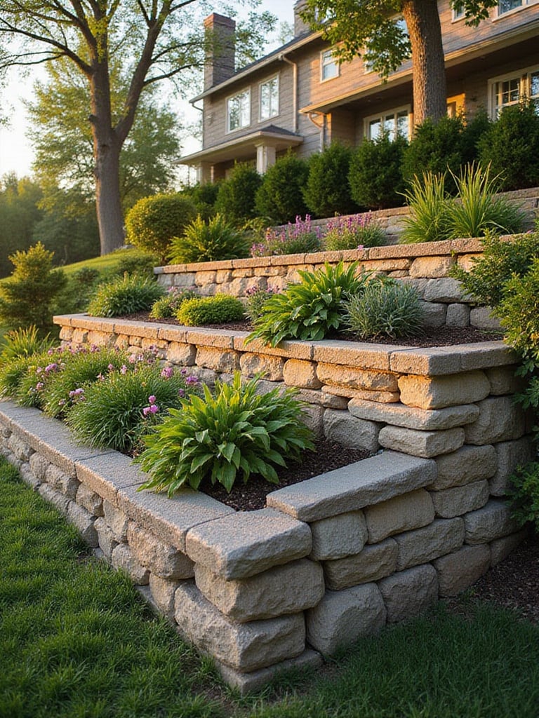 A well-constructed retaining wall on a slope with landscaped vegetation around it.