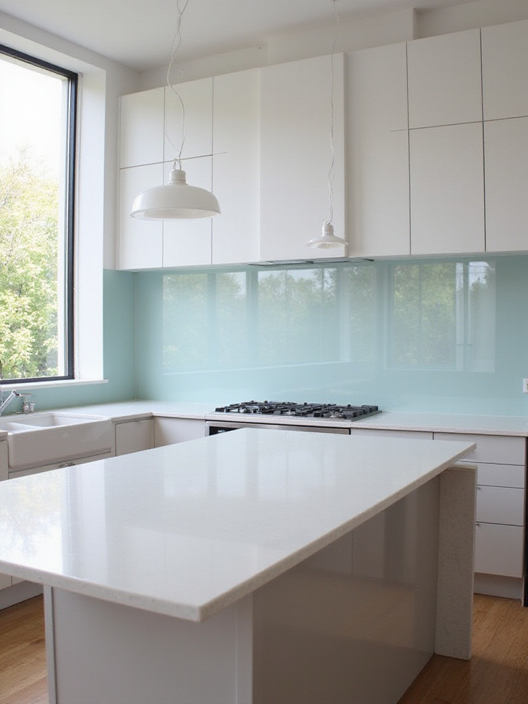 Modern kitchen with reflective glass backsplash that enhances brightness and space.