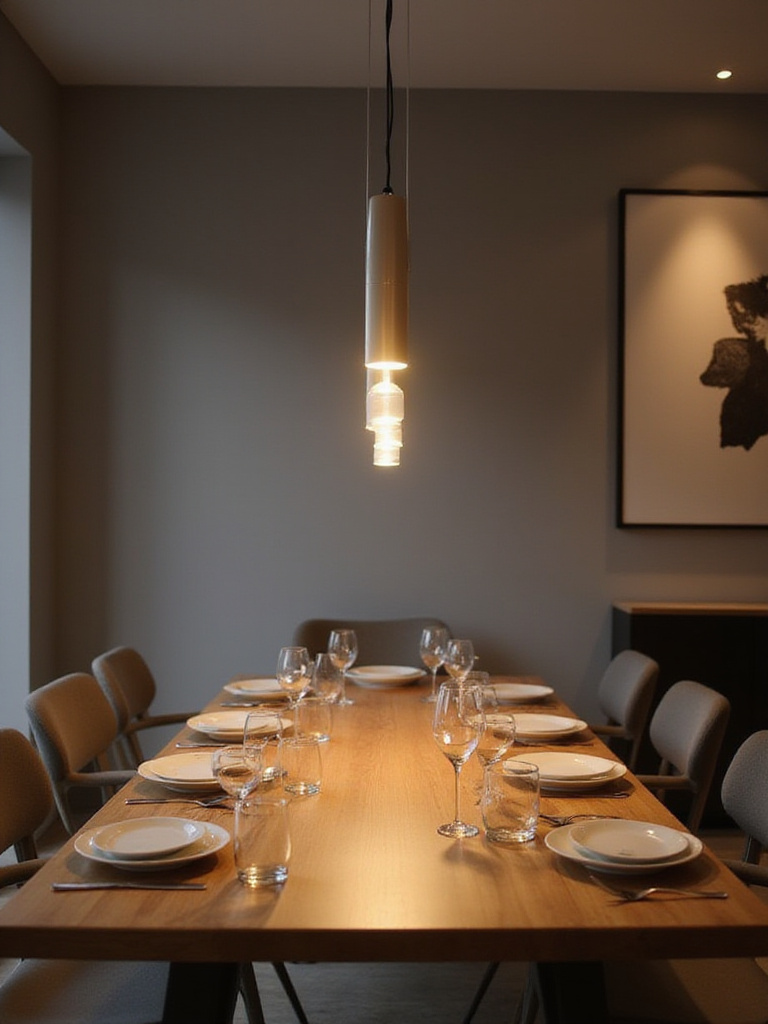 A stylish dining room with a linear suspension light above a long table, showcasing even illumination.