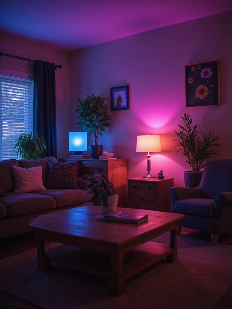 Cozy living room with dynamic smart bulb lighting in various colors.