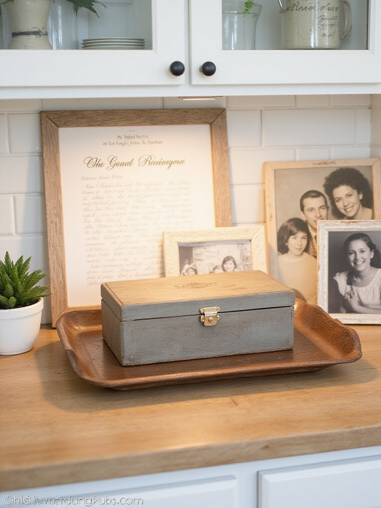 Curated kitchen countertop with meaningful mementos and decorations