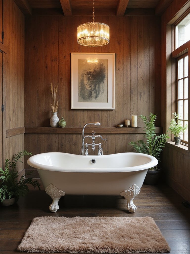 Freestanding clawfoot tub in a rustic bathroom setting