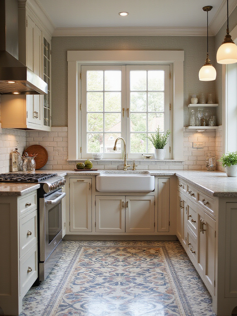 Stylish kitchen featuring ceramic tiles on the floor and backsplash