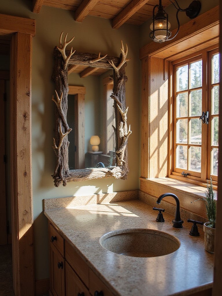Rustic bathroom with a mirror framed in weathered wood and antlers