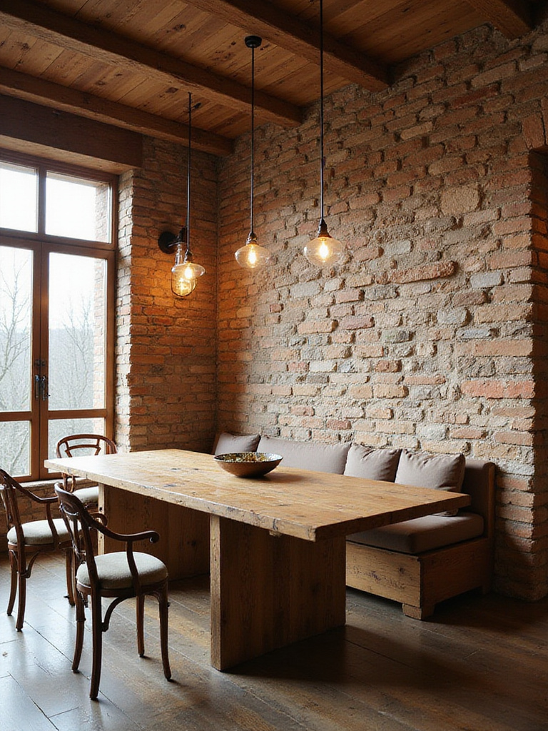 Rustic dining room with stone and brick accents, showcasing earthy appeal.