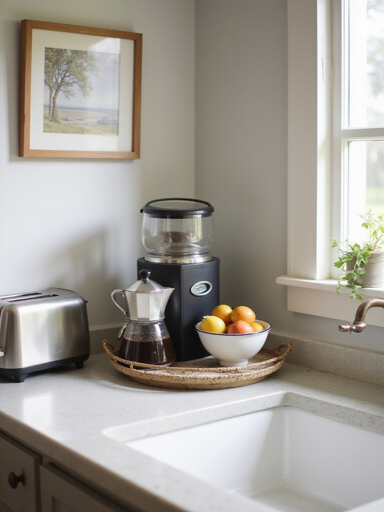 Organized kitchen countertop with small appliance groupings