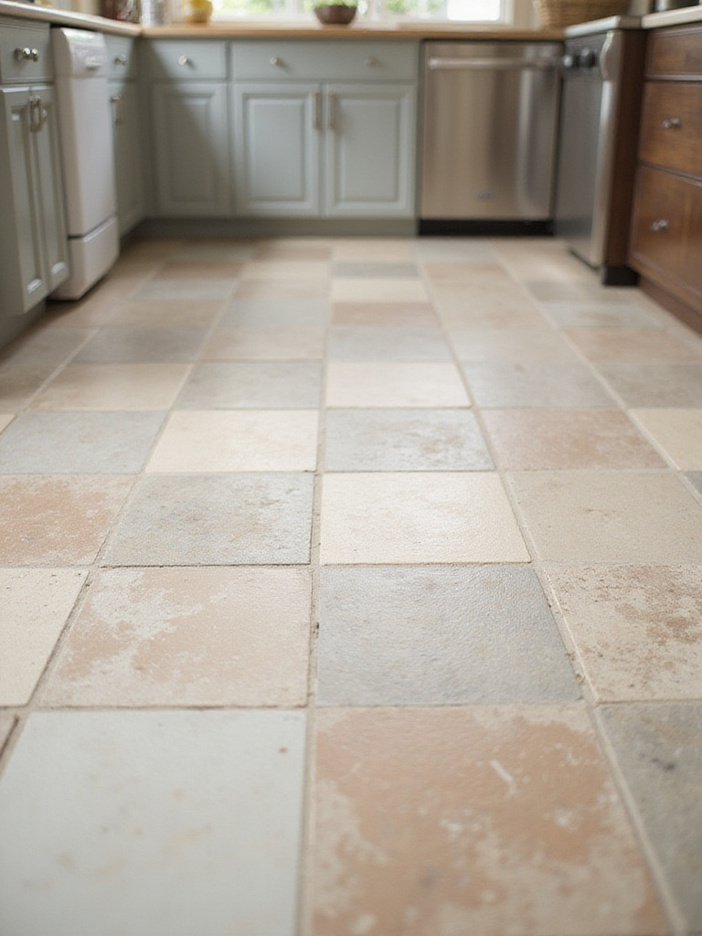 Kitchen floor showcasing diverse tile designs with expertly selected grout lines.