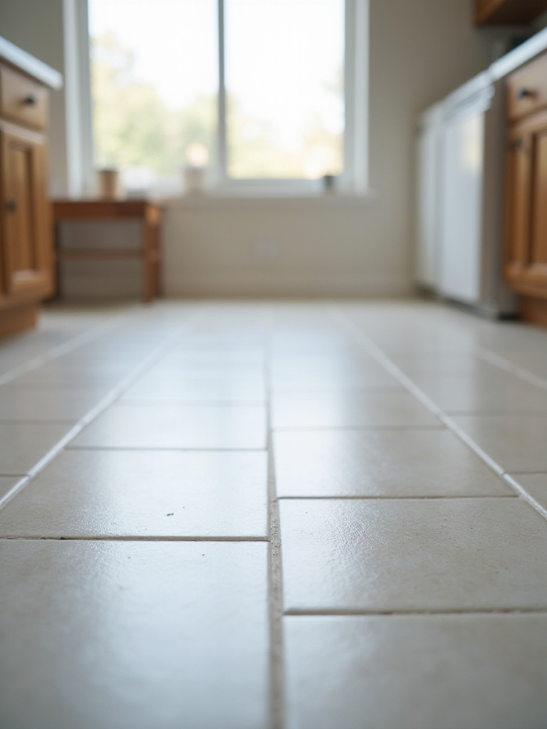 A clean kitchen floor showcasing perfectly sealed grout lines.