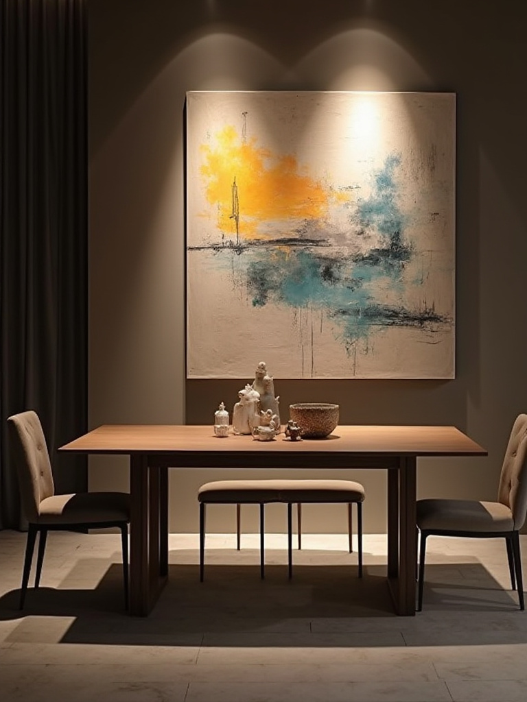 Contemporary dining room with spotlights highlighting an abstract painting