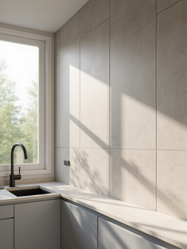 Modern kitchen with ceiling-height backsplash creating a dramatic height illusion.