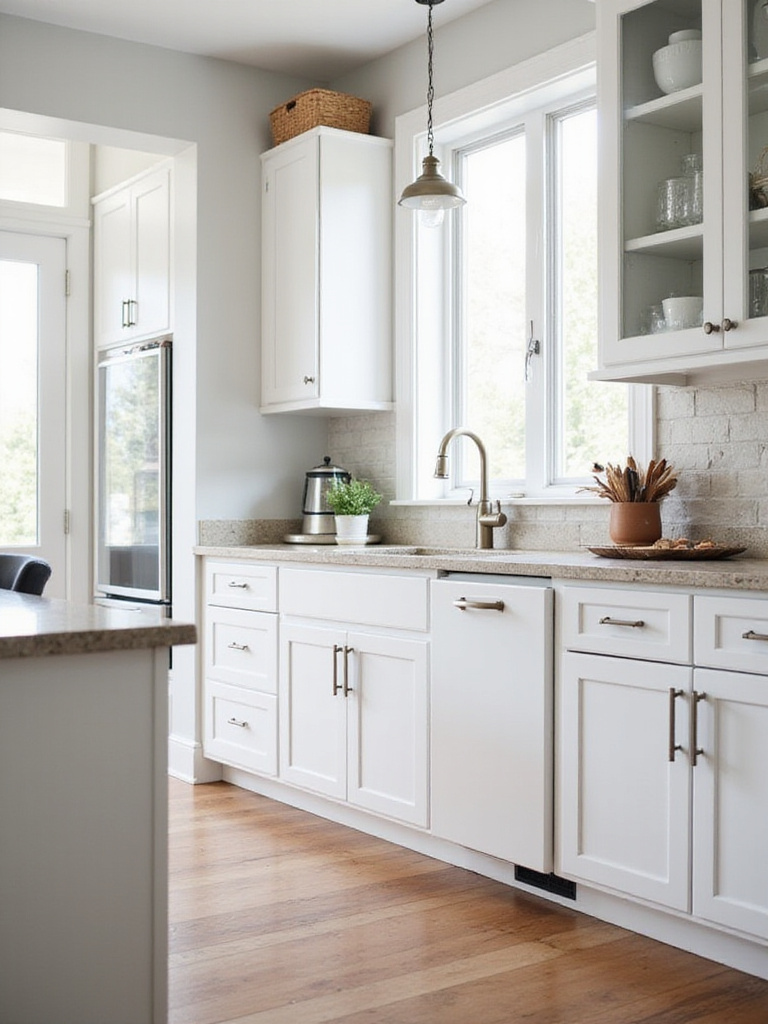 Professional kitchen with white Shaker cabinets and natural lighting