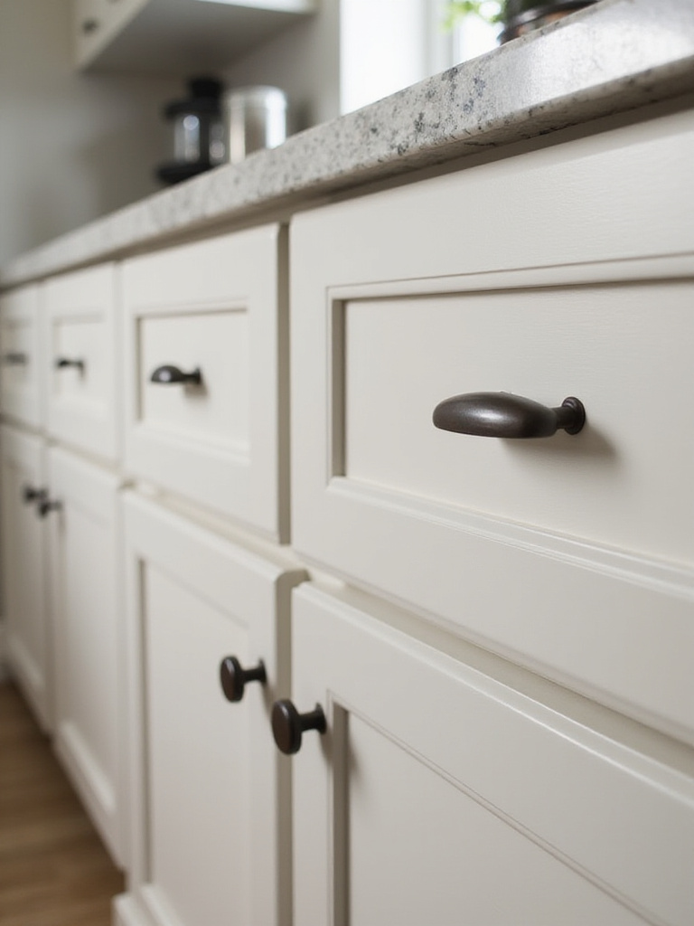 A kitchen cabinet scene featuring various knobs and pulls for cabinets