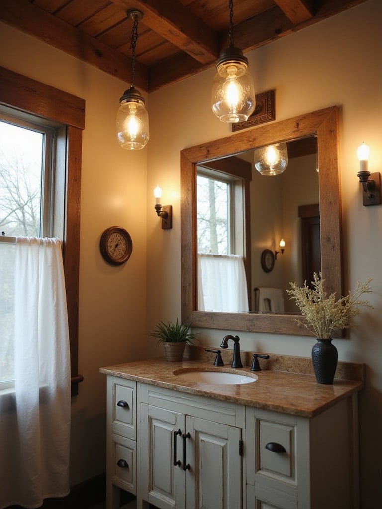 Rustic bathroom with mason jar and industrial pendant lights above vanity.