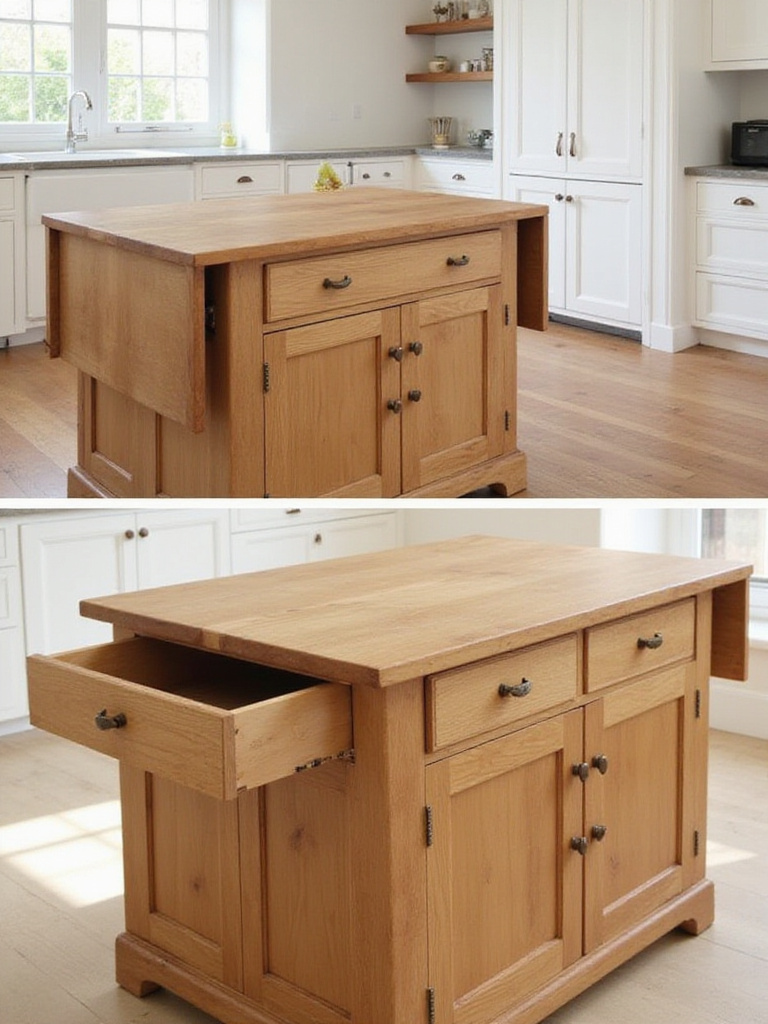 Kitchen island with drop-leaf extension and hidden storage