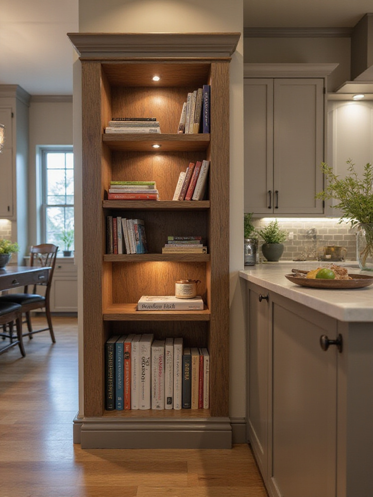 Modern kitchen island with built-in cookbook nook showcasing cookbooks and recipe binders.