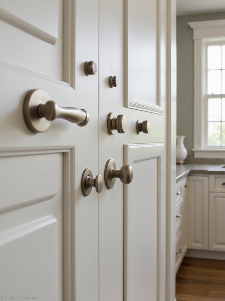 Close-up of ergonomic handle hardware in a kitchen setting, showcasing various styles and finishes.