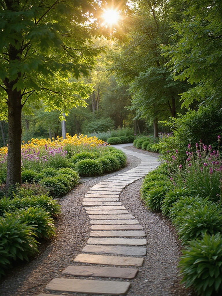 Beautifully designed garden pathway winding through greenery with natural stone and gravel.