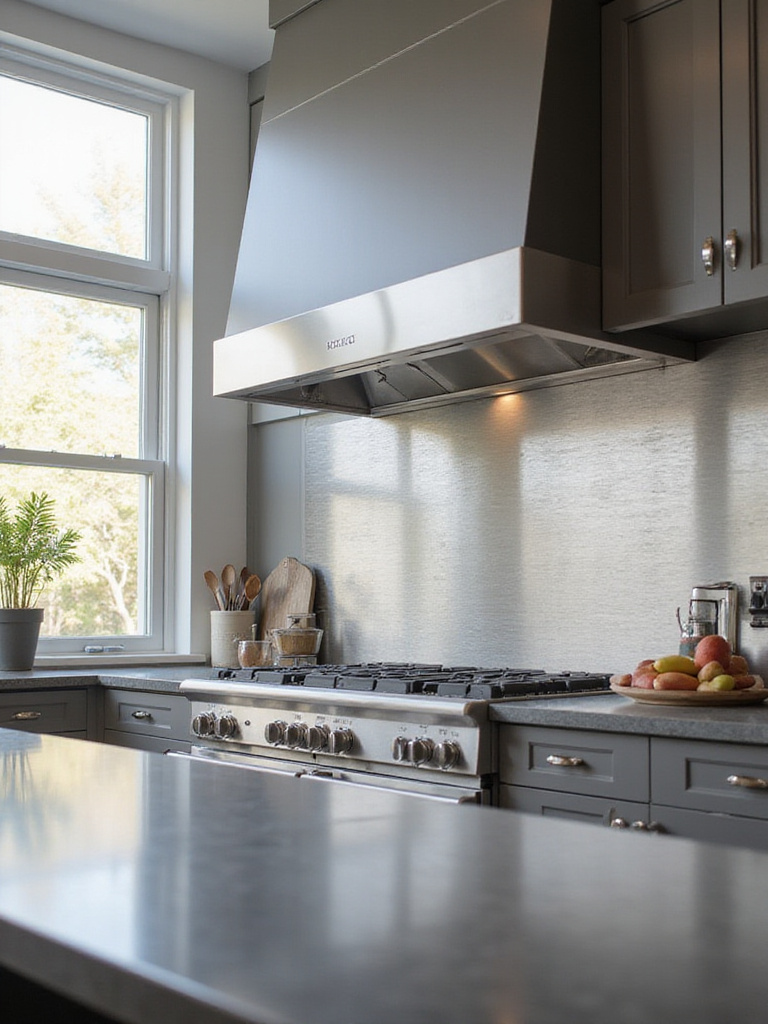 Modern kitchen with brushed stainless steel metal accent tiles as backsplash
