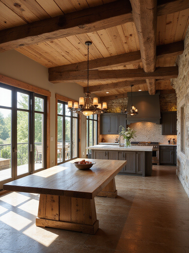 Rustic dining room integrated with kitchen in an open-concept design