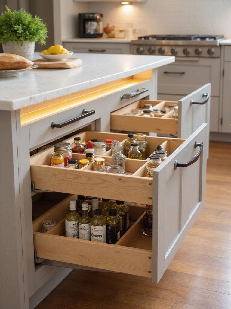 Modern kitchen island with narrow pull-out cabinets for spice and condiment organization.