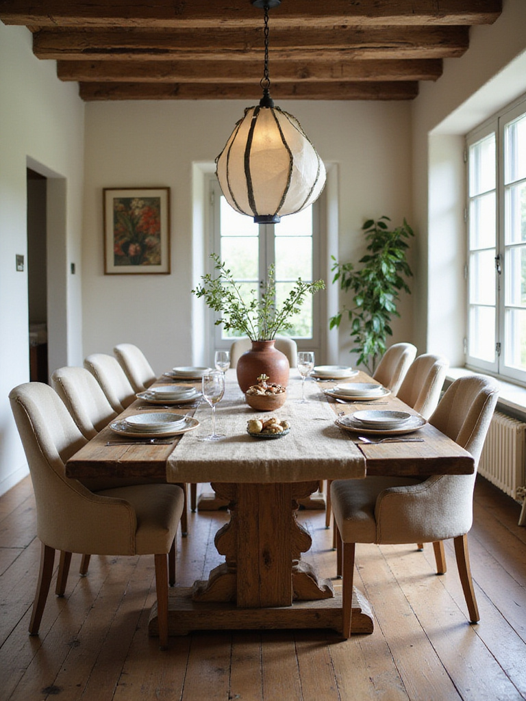 Rustic dining room with muted earthy color palette, natural textures, and soft lighting.
