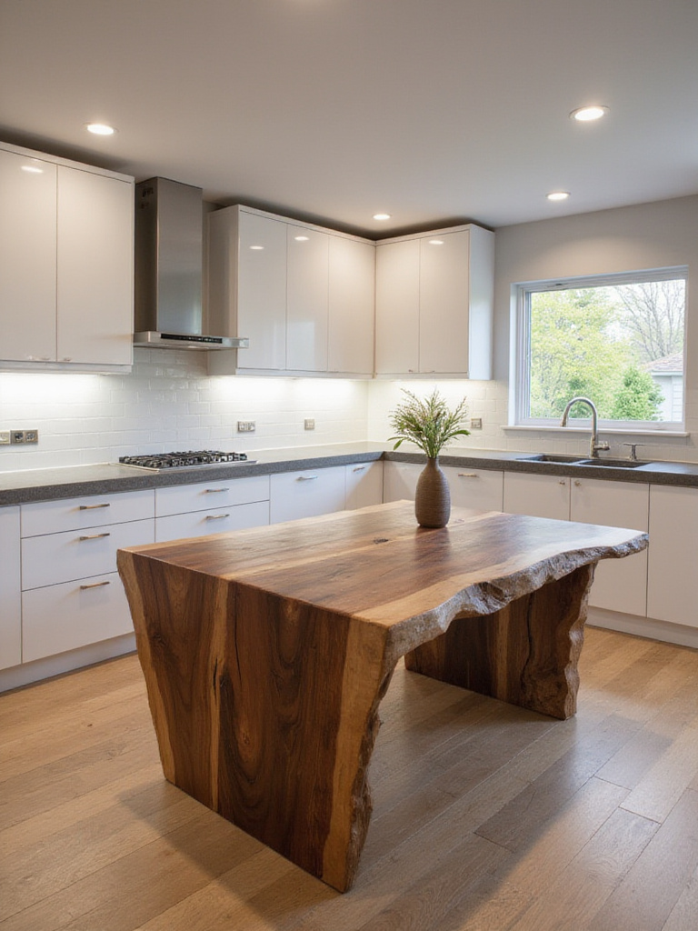 Modern kitchen with natural wood elements and a live-edge walnut island.