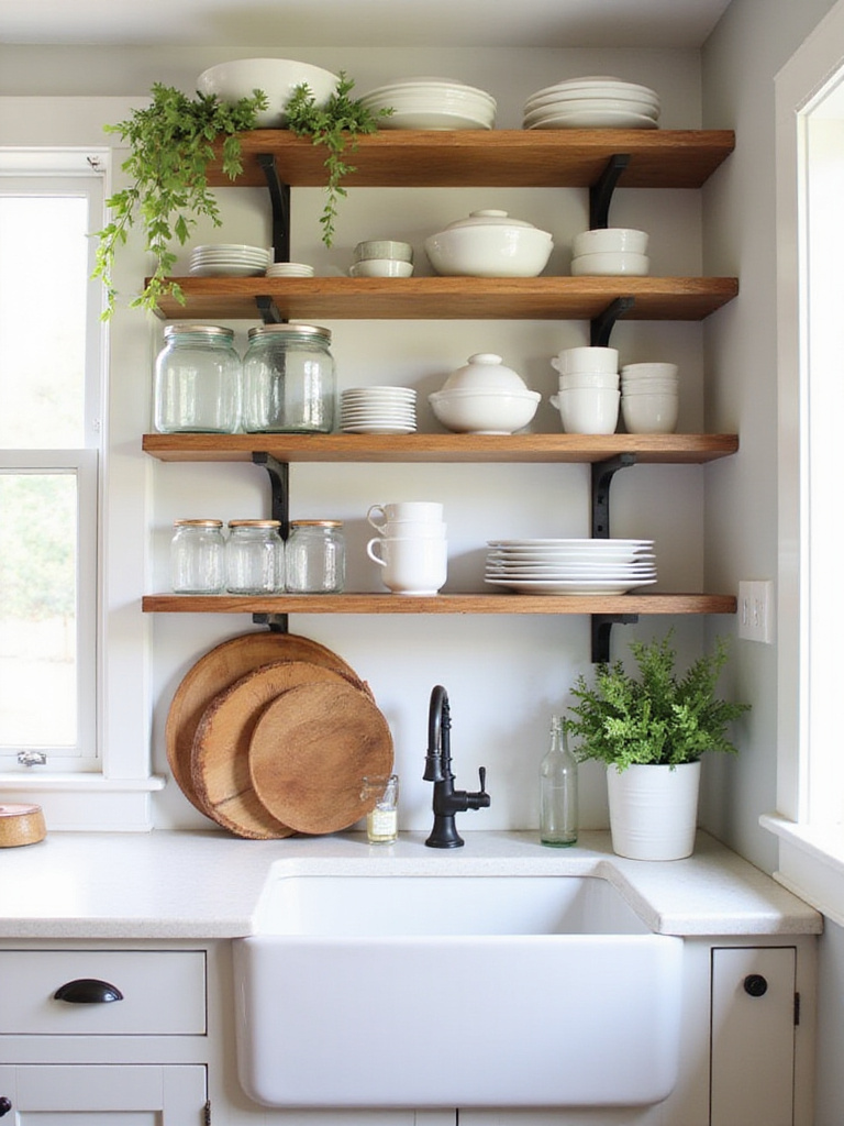 A farmhouse kitchen showcasing open shelving with white dishes and vintage decor.