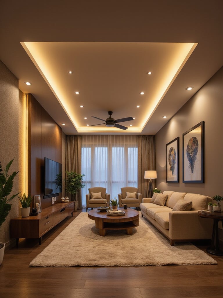 Modern living room with recessed lighting creating an ambient glow.