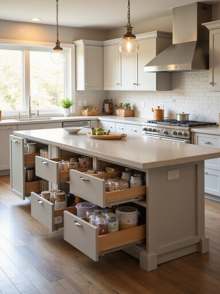 Modern kitchen island with roll-out pantry shelves showcasing organized storage