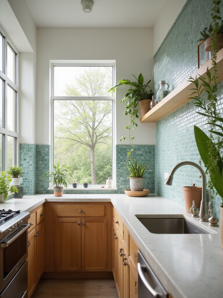 Modern kitchen with eco-friendly backsplash made of recycled glass tiles