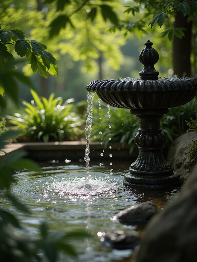 A calming backyard water feature with a bubbling fountain surrounded by lush plants in dappled sunlight.