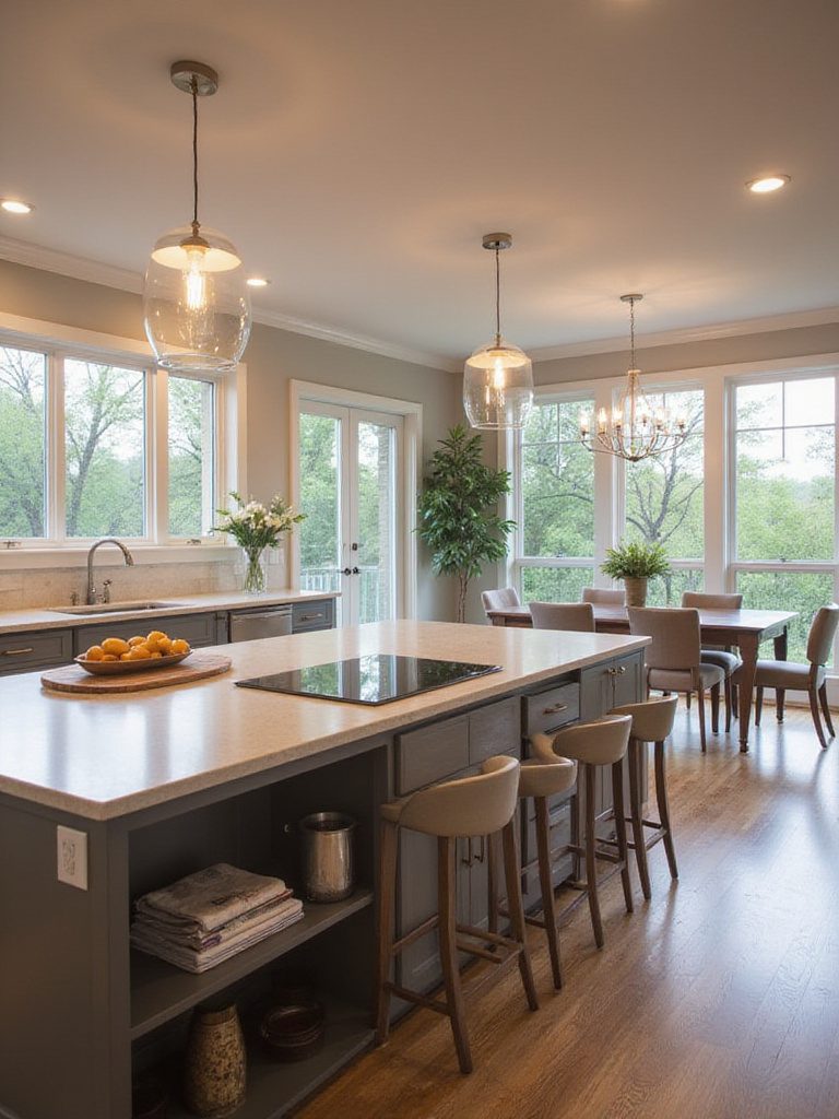 Modern kitchen featuring a multi-functional island hub with integrated appliances and seating.
