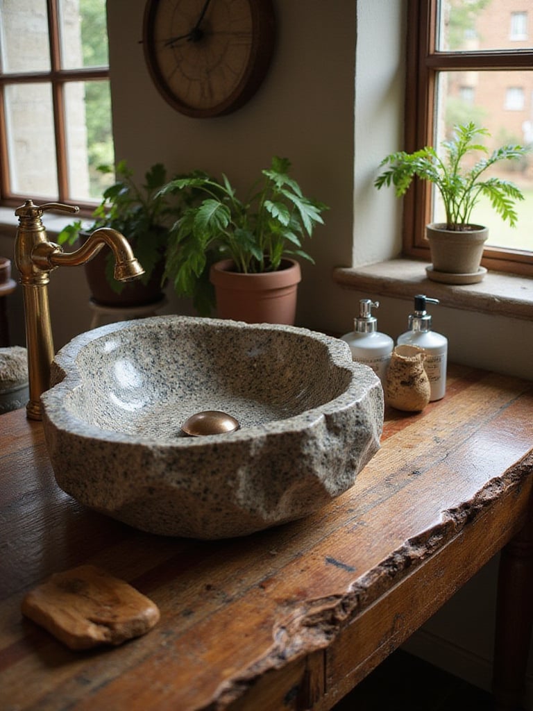 A rustic bathroom showcasing a unique stone vessel sink on a reclaimed wood vanity.