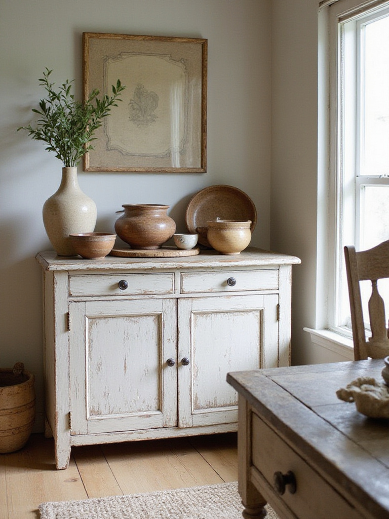 A rustic dining room featuring a distressed sideboard with vintage decor.