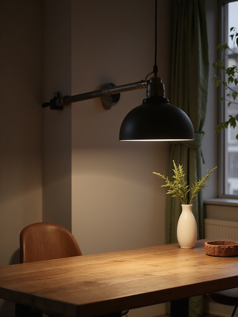 Adjustable lighting in a contemporary dining room with a focus on the dining table
