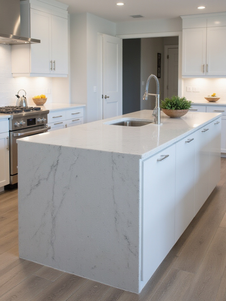 Modern kitchen featuring durable quartz countertops with waterfall edges