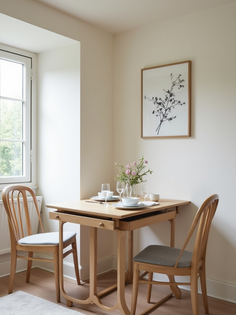 A wall-mounted fold-down table set for dining in a small, stylish dining room.