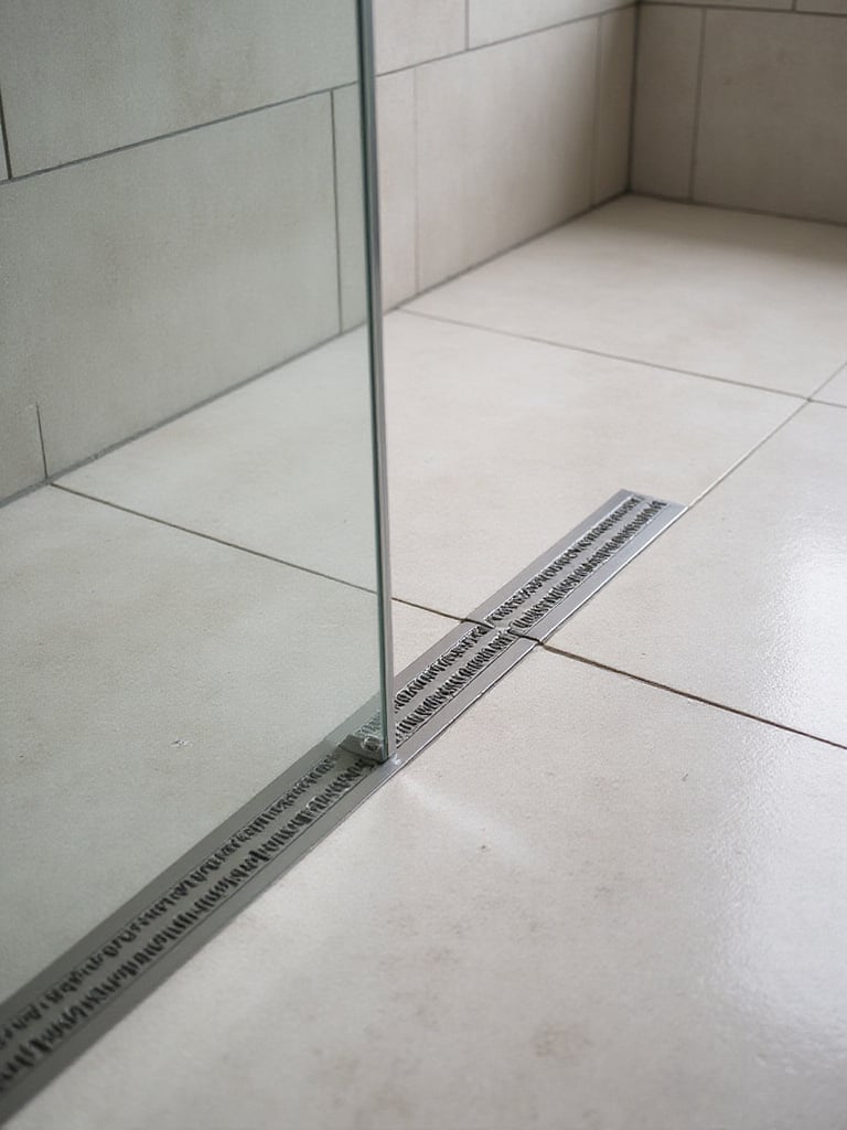 Modern bathroom featuring a sleek linear shower drain and large-format tiles