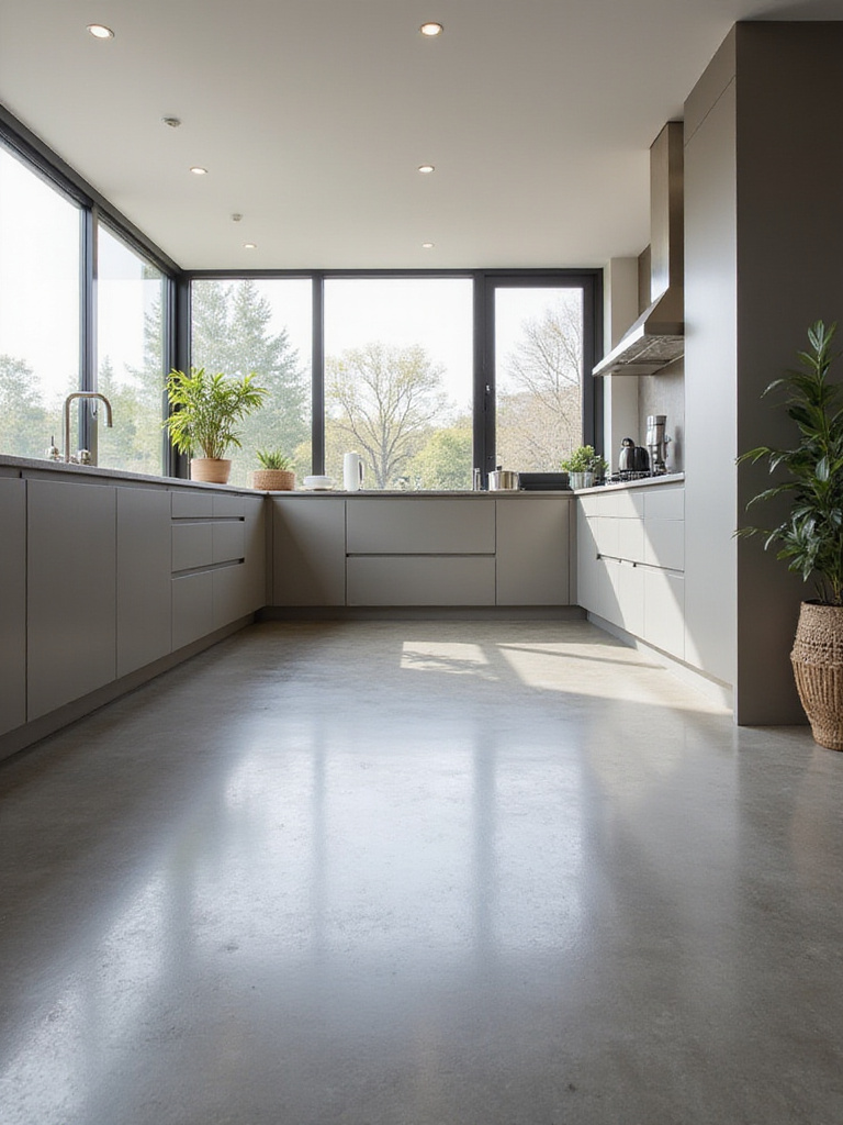 Modern kitchen with polished concrete floors, showcasing the urban aesthetic and minimalist design.