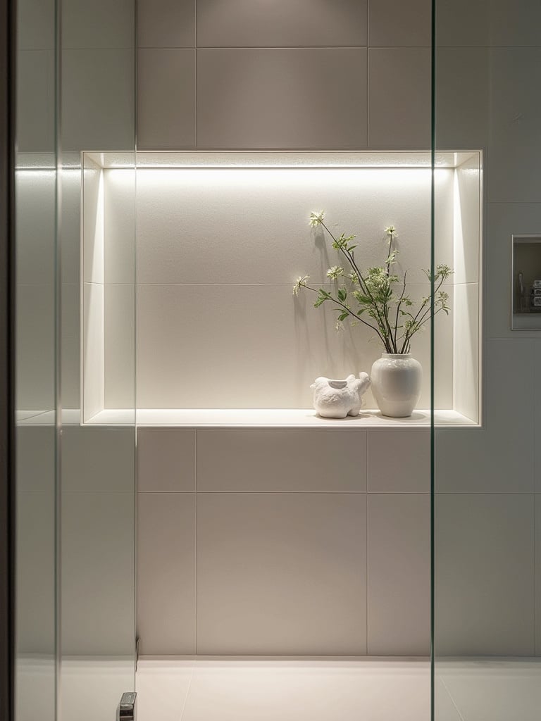 Recessed shower niche in a modern bathroom with elegant tiles and soft lighting.