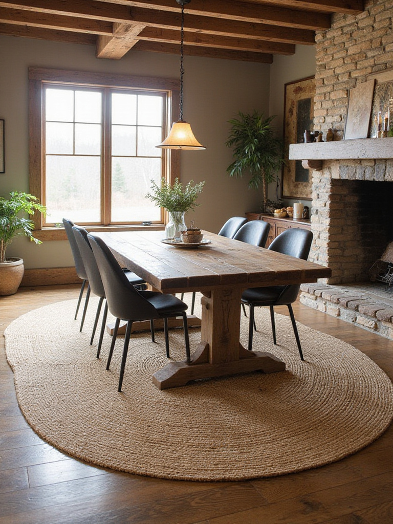 Rustic dining room with a large jute rug under a farmhouse table