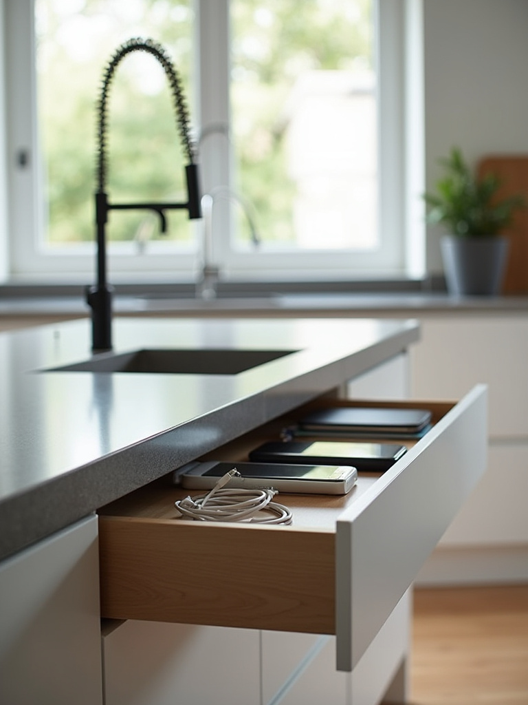 Modern kitchen island with an open charging drawer showing organized devices and cables.