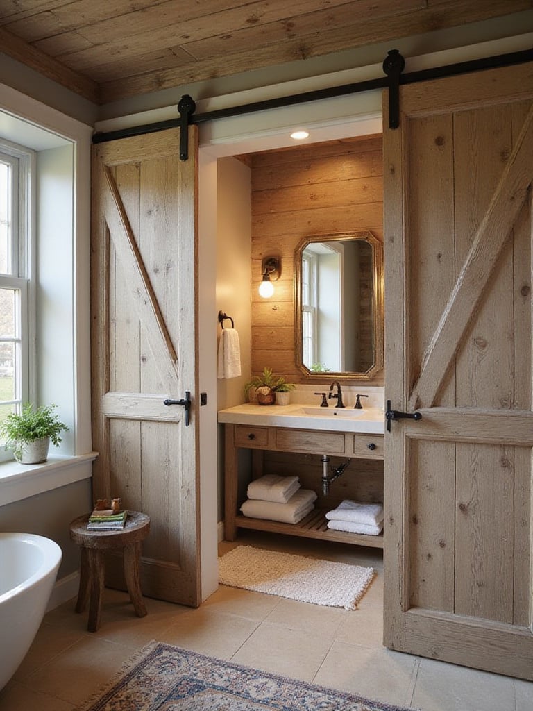 A rustic bathroom featuring a sliding barn door and wooden vanity.