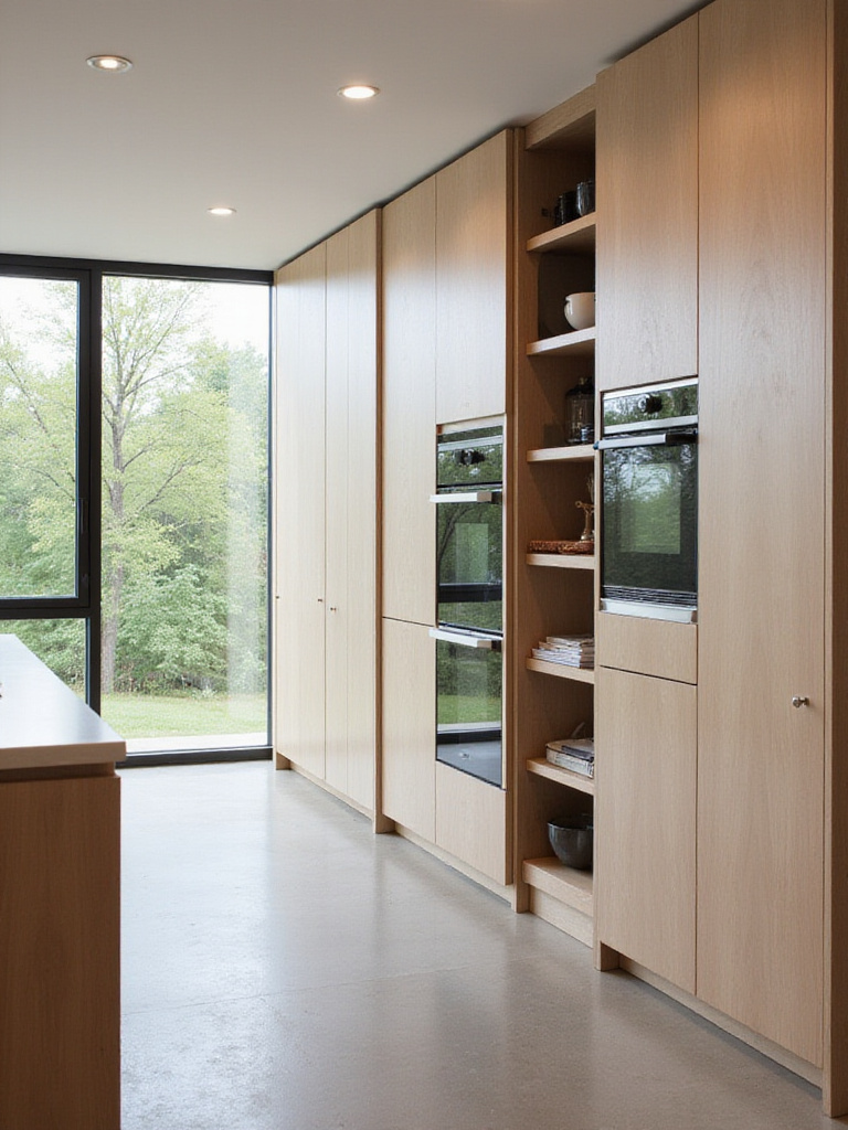 Modern kitchen with integrated appliances behind cabinetry panels