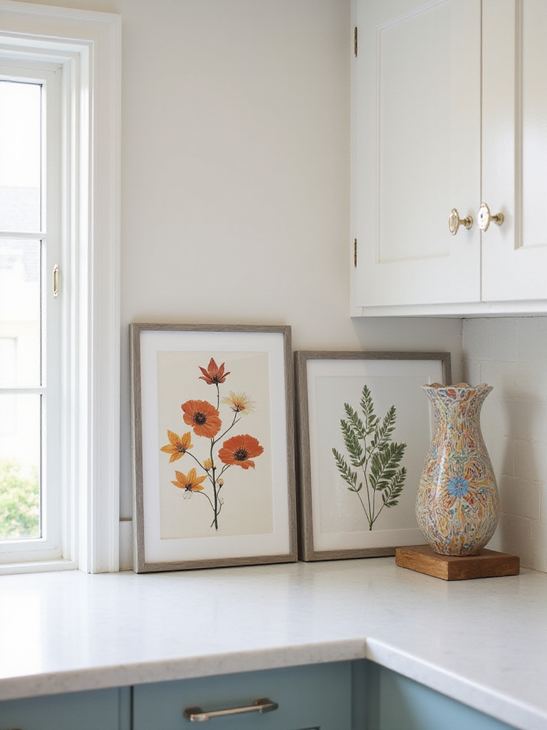 Portrait of a kitchen countertop decorated with eye-catching art pieces and sculptures