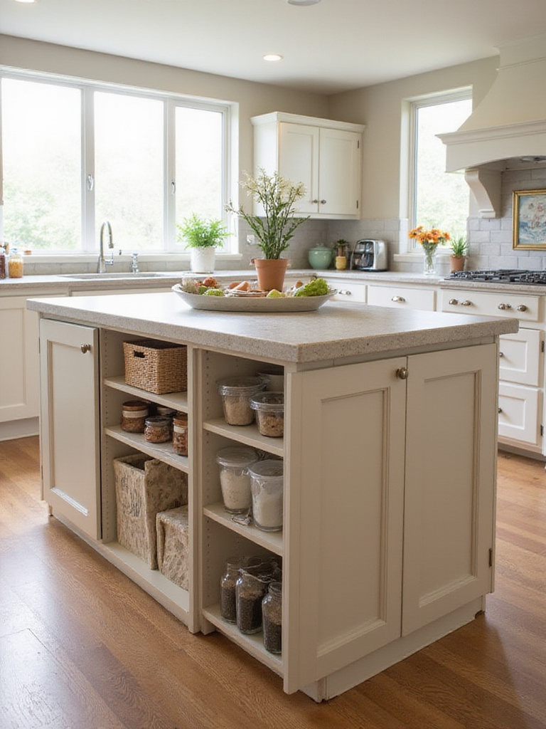 Kitchen island with integrated cabinetry for concealed storage