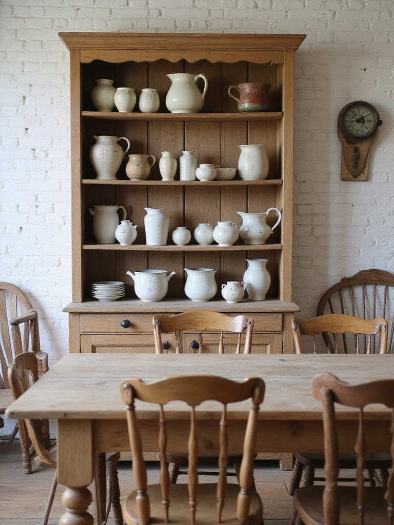 Rustic dining room featuring vintage finds including a distressed antique hutch and mismatched chairs.